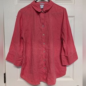 Chicos 100% Irish Linen No Iron Shirt Blouse Sz 2 US 12 Pink Button Up Spring